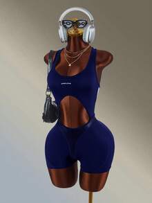 Amplova 女款字母印花鏤空設計無袖運動連身褲 - 藏蓝色 - 查看 3