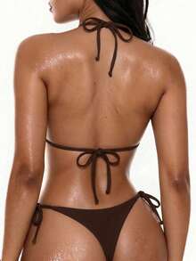 Oceva Women's Summer Beach Party Solid Color Rivet Design Halter Neck Tie Sexy Bodycon Fashion Bikini Two-Piece Swimsuit Set Brown - Brown - View 2