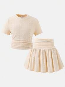 SHEIN Tween Girl Knit Solid Color Crew Neck Casual Cute T-Shirt And Skirt 2 Pieces Set Vacation White Summer - Multicolor - View 10