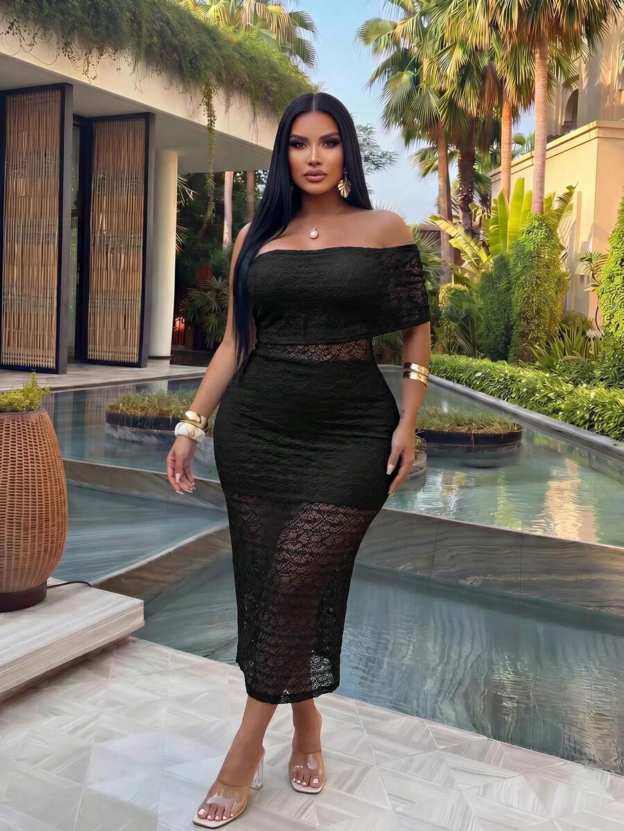 Veslaya Spring/Summer New Sexy & Elegant & Date & Party & Gathering & Wedding Season & Graduation Season & Beach Vacation & Hotel Vacation Fitted Solid White Sleeveless Off-Shoulder Single-Slit Semi-Sheer Knit Texture Fabric Women's Plus Size Mid-Length Dress-Z - Black - View 1