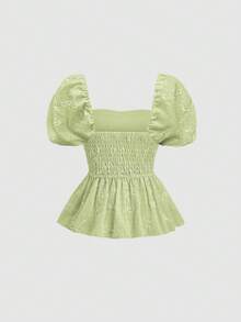 Sweetra Blusa de mujer estilo francés dulce y fresco, rosa con bordado, plisada, corte A, manga corta, para primavera y verano - Verde - Ver 2