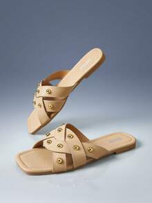 CUCCOO GRLICON Women Shoes Multi-Colored Rivets Cross With Square Toe Flat Bottom Sandals, Outer Wear Slippers Design, Leisure, Vacation Shopping, Daily - Apricot - View 3