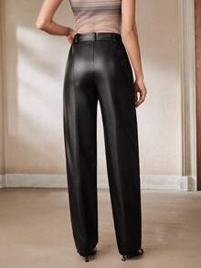 Anewsta Classic Waist Loop Design Center Seam Draped Straight Leg Leather Pants, Black Versatile Commuter Women's Long Pants, Suitable For Outings, Work, Daily Outings, Work Outfits - Black - View 3