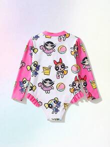 Maija Kids THE POWERPUFF GIRLS X SHEIN Young Girl Young Girl Young Girl 卡通印花拼色連身泳衣，適合海灘度假、泳池派對、海灘派對夏季 - 粉色 - 查看 2