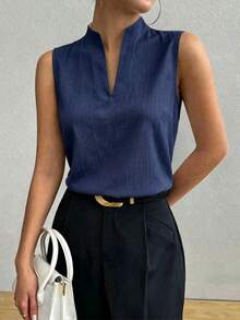 SHEIN Raffinéa Women's Solid Color Notched V-Neck Casual Sleeveless Blouse Teachers' Day Office Navy Blue Summer - Navy Blue - View 3