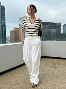 DAZY 條紋 Polo 領短袖休閒春夏女款針織上衣 - 黑色 - 查看 5
