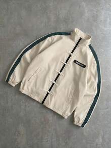 PAVTROS Chaqueta de manga larga con botones de rana y estampado de letras en colores contrastantes para hombre - Beis - Ver 3