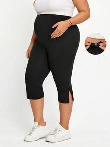 Plussiva Plus-Size Maternity Black Adjustable Waist Casual Versatile Everyday Capri Pants For Summer - Black - View 1