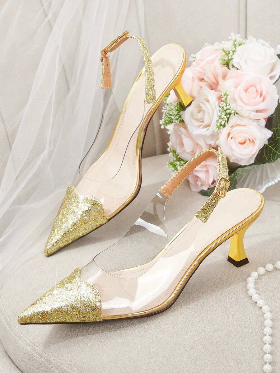 CUCCOO HITCHD Women's Red Pointed Toe Splicing Transparent High Heel Pumps Spring Shoes Spring Break Easter Prom Heels For Christmas Valentine's Day - Gold Dust Gold - View 1