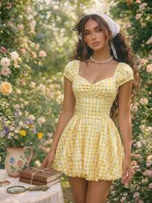 SHEIN MOD Women's Summer Casual Plaid & Ditsy Floral Mini Dress - Yellow - View 2