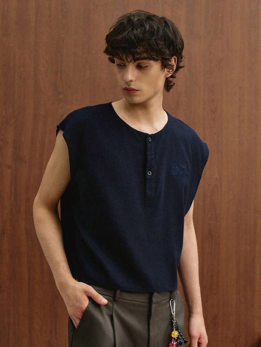 TOKVUE Chaleco casual para hombre con botones y media abertura con bordado de letras - azul real - Ver 1