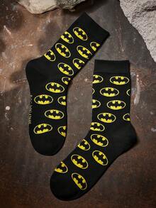 BATMAN X SHEIN 1 Pack Cartoon Pattern Black Crew Socks For Men And Women - Black and yellow - View 4