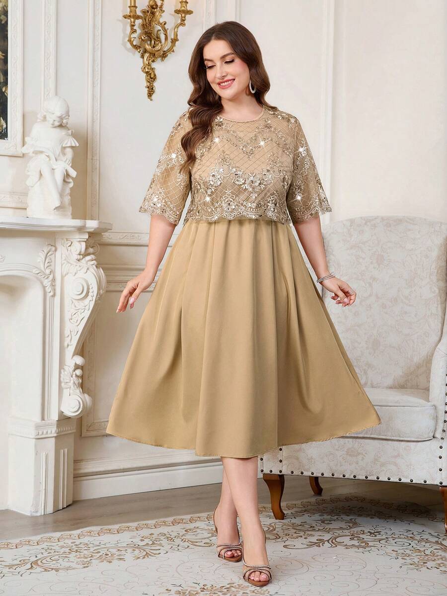Reflora Plus Size Lace Sequin Detail Fashion Elegant Round Neck Dress - Brown - View 1