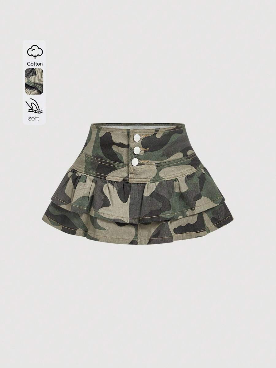 Sweetra Women's Casual Streetwear Y2k Camouflage Print Mini Denim Skirt, Summer Everyday Khaki Green - Army Green - View 1