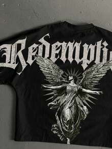 StoneGrade Camiseta de hombre corta y holgada con mangas de murciélago, estampado de ángel de yeso clásico con fuente gótica curva, talla estándar, para vacaciones - Negro - Ver 2