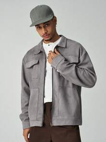 ÉpureWay Herren lässige, locker geschnittene Jacke mit Dropped Shoulder, grau, Reißverschluss-Jacke, grau, Shacket-Modejacke, hellgrau, grau, Jacke, Old Money Stil, Herbst Winter - Grau - Übersicht 6