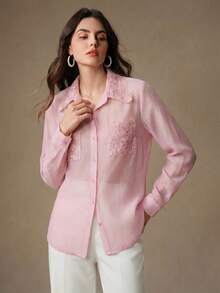 Anewsta Gentle Style Beach Vacation Long Sleeve Ruffle Pocket Creative Commute Style Women's Blouse, Holiday Outfits For Women, Casual Blouses For Women, Summer Top - Pink - View 5