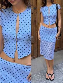 MainGRL Light Blue Polka Dot 2pcs Set Outfit For Summer Vacation Casual Women Party Daily Wear Set - Blue - View 1