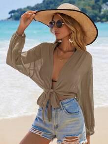 Swim Vcay Kimono corto de unicolor con nudo delantero para cubrir la ropa de playa en vacaciones - Caqui - Ver 3