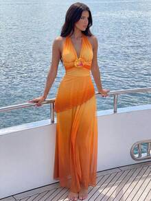 Swim Oasis 2er Set Damen Neuer Badeanzug mit Farbverlauf-Muster, Neckholder, Einteiler mit langem Mesh-Rock, sexy elegant, für Erwachsene, Urlaub, avantgardistisch, minimalistisch, Party - Verschiedenfarbig - Übersicht 5