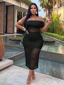 Veslaya Spring/Summer New Sexy & Elegant & Date & Party & Gathering & Wedding Season & Graduation Season & Beach Vacation & Hotel Vacation Fitted Solid White Sleeveless Off-Shoulder Single-Slit Semi-Sheer Knit Texture Fabric Women's Plus Size Mid-Length Dress-Z - Black - View 7