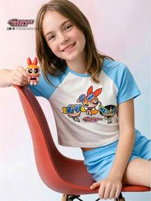Maija Kids THE POWERPUFF GIRLS X SHEIN Maija Kids Tween女孩休閒卡通圖案極簡短袖高腰插肩袖T恤，適合夏季 - 彩色 - 查看 2