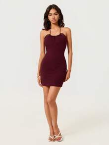 SHEIN BASICS 女款撞色蕾絲修身時尚掛脖迷你洋裝 - 中紫紅色 - 查看 6