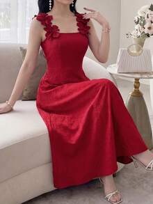 Feyla Elegant Red Women's Long Dress With Floral Shoulder Straps Square Neck And Subtle Printed Design For Special Occasions - Burgundy - View 4