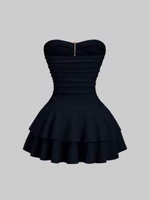 Sweetra Women's Elegant Strapless Double Layer Ruffle Mini Dress - Navy Blue - View 2