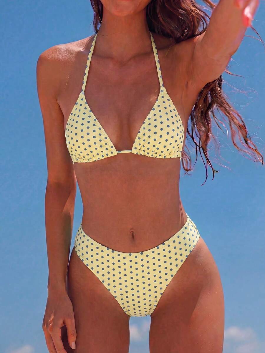 Swim Mod 2026春夏女款細肩帶掛脖式芥末黃配灰色波點隨機印花甜美可愛高衩側邊比基尼泳衣兩件套 - 彩色 - 查看 1