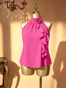 Rometta Plus Size Summer Elegant 3D Floral Ruffle Neck Blouse For New Year Clothes - Hot Pink - View 1