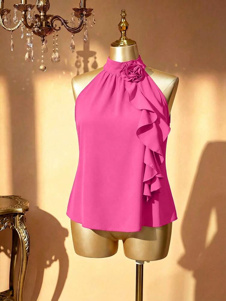 Rometta Plus Size Summer Elegant 3D Floral Ruffle Neck Blouse For New Year Clothes - Hot Pink - View 4