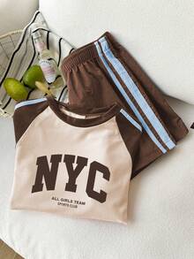 SHEIN Set Kaos Anak Perempuan Remaja, Gaya Sporty, Set Kaos Lengan Pendek dan Celana Pendek Warna Pink dan Hijau Tua, Desain Longgar dan Pas untuk Musim Panas, Kain Ringan, Cocok untuk Pemakaian Sehari-hari, Olahraga Kasual atau Pakaian Sehari-hari - MultiWarna - View 4