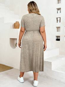 Plussiva Plus Size Maternity Round Neck Short Sleeve Waist Tie Casual Dress Photoshoot Summer - Grey - View 3
