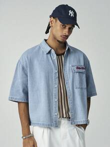 ÉpureWay Men's Casual Street Style Striped Embroidered Blue Denim Short Sleeve Shirt - Light Wash - View 3