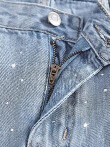 SHEIN Women's Rhinestone Embellished Washed Denim Straight Leg Shorts - Light Wash - View 4