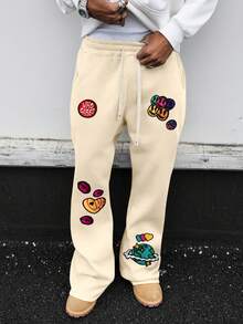 PAVTROS Men's Smiling Face Graphic Drawstring Waist Casual Sweatpants - Apricot - View 8
