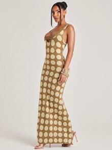 NYA SZN Knit Dress Sleeveless Cutout Detail Polka Dot Vibrant Unique Scoop Neckline Ribbed Maxi Summer Statement Unique Bridal Shower Outfits For Women - Khaki - View 5
