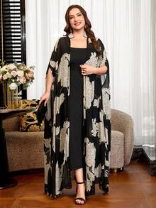 Reflora Plus Size Elegant Party Floral Print Robe 2pcs Set - Black - View 9