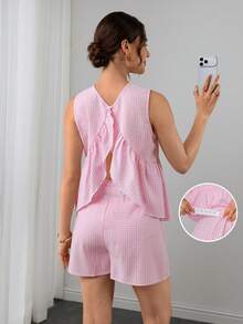 Momance-D Women's Pink Plaid Tank Top + Adjustable Waist Shorts Maternity 2 Pieces Set, Summer Postpartum - Pink - View 2