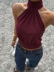 Muchica Wine Red Knit Halter Neck Women's Top - Burgundy - View 3