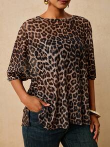 Travachic Plus Size Women's Leopard Print Round Neck Short Sleeve Casual Loose Fit T-Shirt Fall - Multicolor - View 1