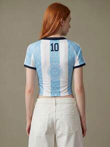 Elnivra 2026足球世界盃阿根廷足球球衣風女款短版T恤，藍白條紋夏季街頭休閒風，城市度假復古球迷上衣 - 藍白色 - 查看 2