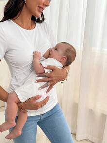 Modmama 孕妇纯色圆领短袖休闲哺乳上衣 - 彩色 - 查看 3