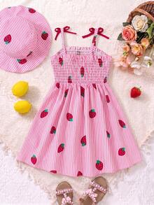 SHEIN Girls' Strawberry Print Sleeveless Dress,Pastel Pink Pink & White Striped Pattern,Summer Beach Holiday Sweet & Lively For Spring/Summer Outings - Pink - View 2