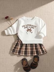 SHEIN 1pc Baby Girl Round Neck Long Sleeve Brown Plaid Sweatshirt With Patchwork Hem Dress, Featuring English Letter Bow Print, Casual Cute Vintage Fashion - Apricot - View 5