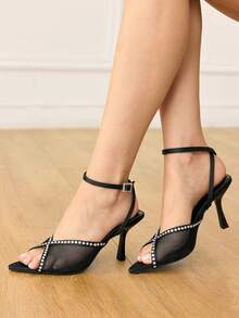 CUCCOO HITCHD Ladies' New Black Mesh See-Through Rhinestone Pointed Thin Heel Open-Toed High-Heeled Sandals, Suitable For Banquets, Parties And Weddings Summer - Black - View 2