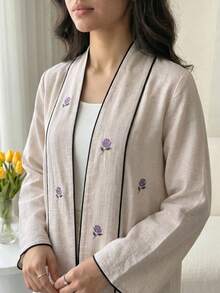 Veilorie Women's Embroidered Long Sleeve Loose Fit Arabic Decent Casual Modest Elegant Abaya Formal Beige Allover White Fall Christening Guest Office Ninang - Apricot - View 2