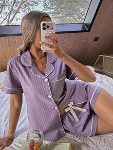 SHEIN 女款對比滾邊蝴蝶結裝飾睡衣套裝，翻領、短袖與短褲 - 紫色 - 查看 6