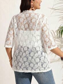 SHEIN LUNE 大尺碼女款度假法式時尚蕾絲拼接薄款開襟外套 - 白色 - 查看 2